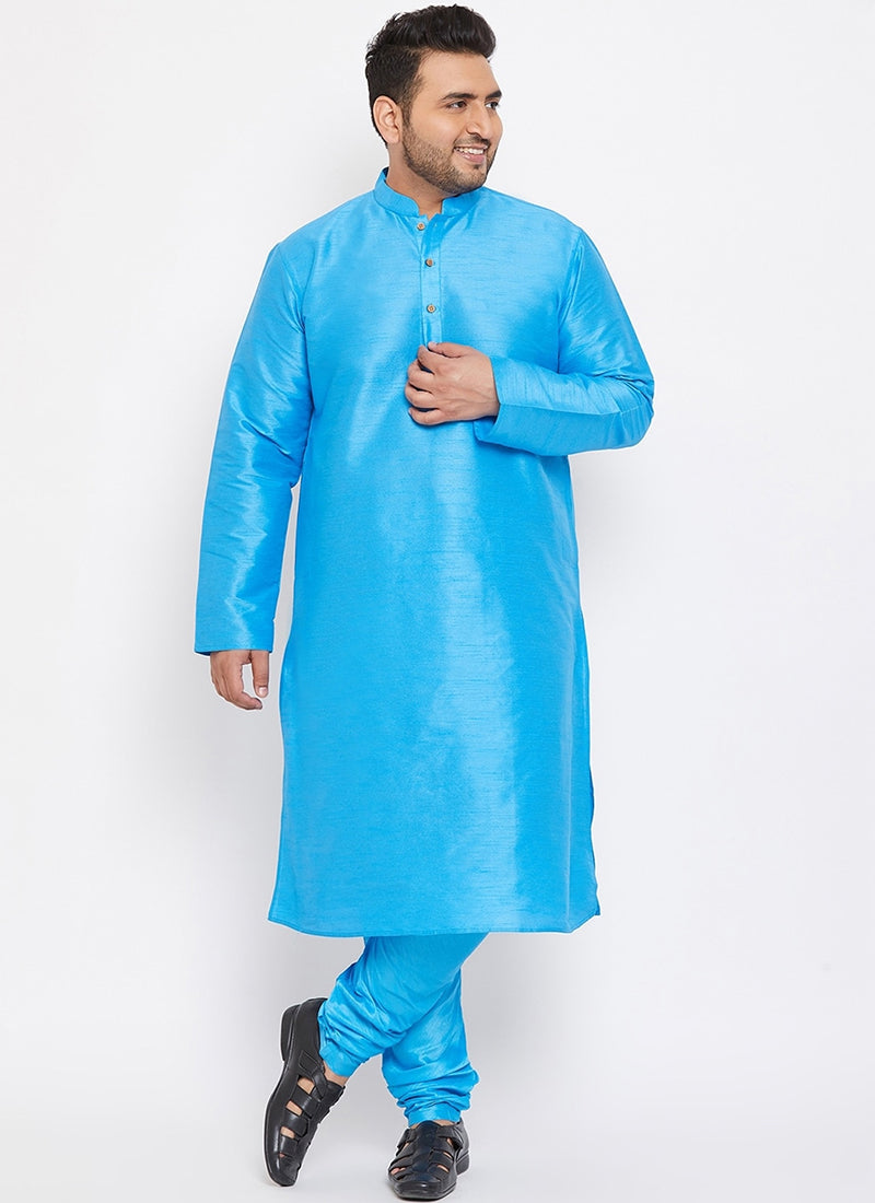 Sky Blue Dupion Silk Mens Kurta Pyjama Set