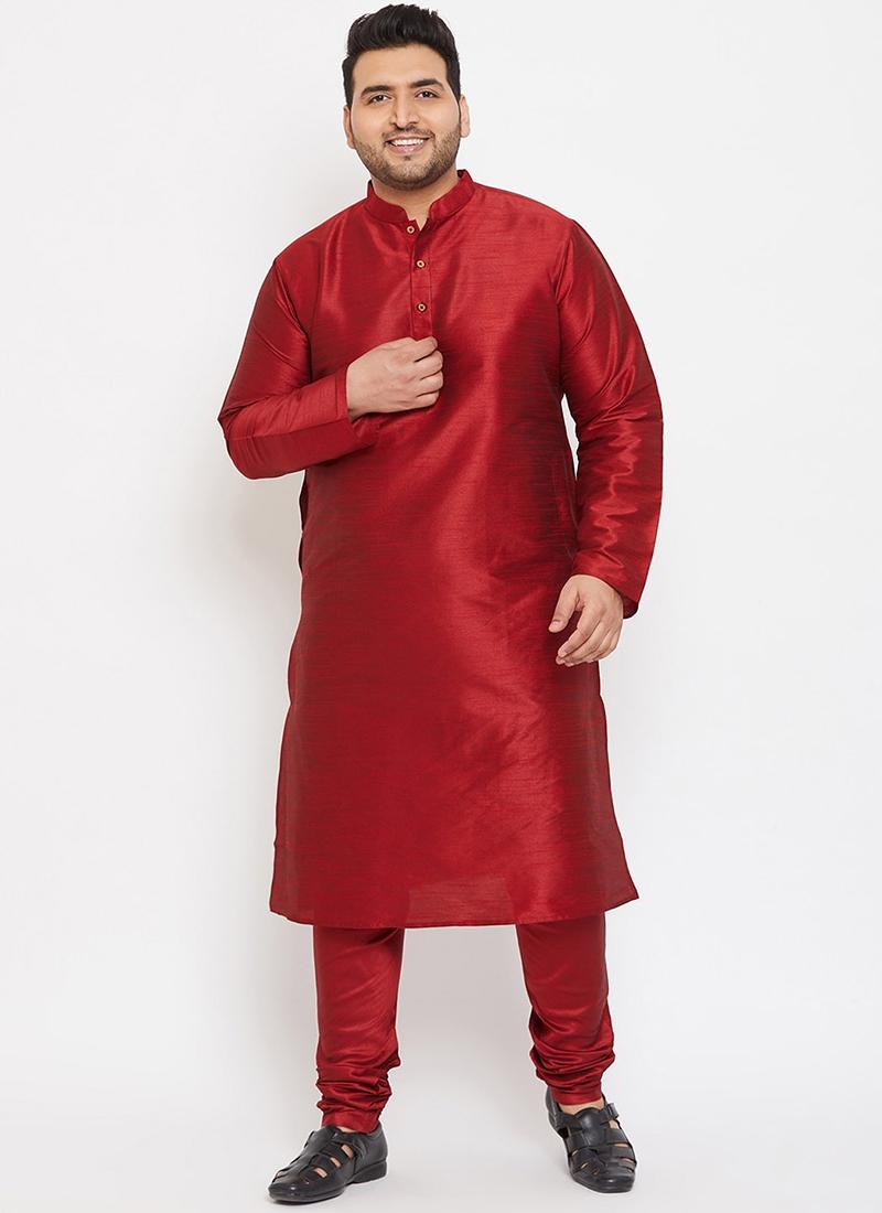 Maroon Dupion Silk Mens Kurta Pyjama Set