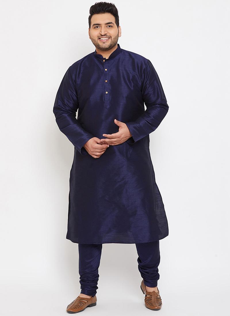 Navy Blue Dupion Silk Mens Kurta Pyjama Set