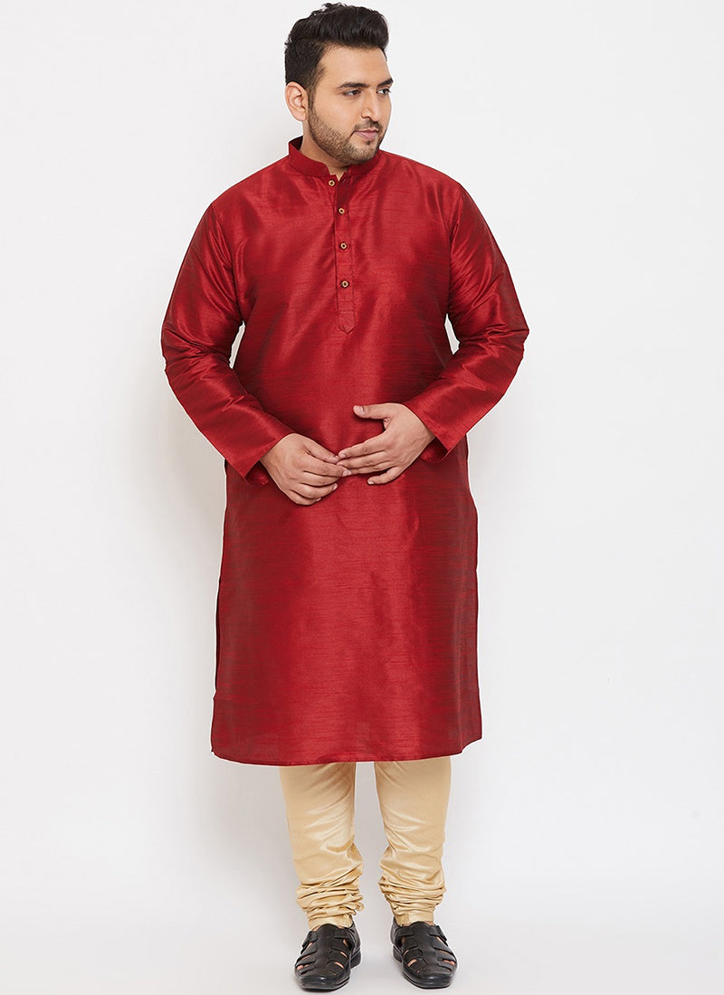 Maroon Dupion Silk Mens Kurta Pyjama Set