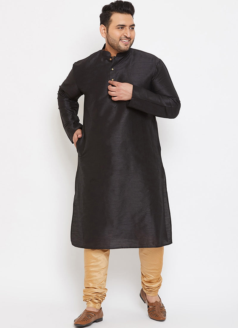 Black Dupion Silk Ready Made Mens Kurta Pyjama Set