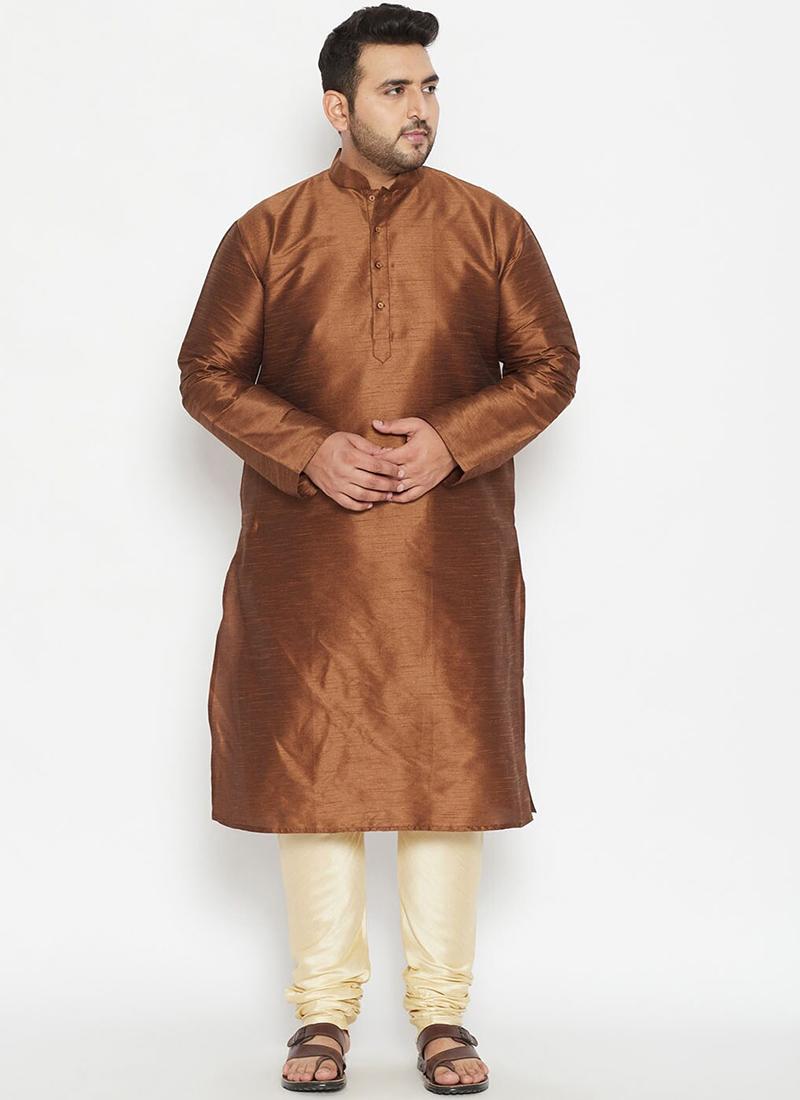 Brown Dupion Silk Mens Kurta Pyjama Set