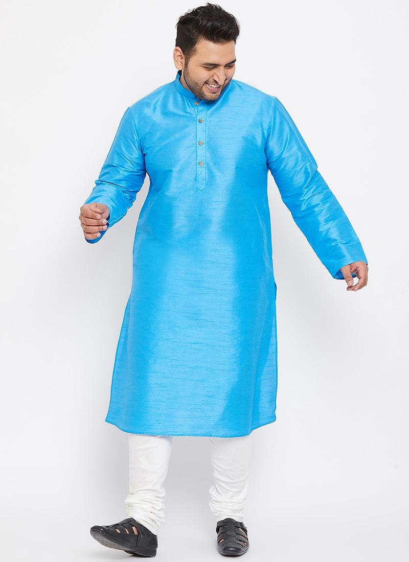 Sky Blue Dupion Silk Mens Kurta Pyjama Set