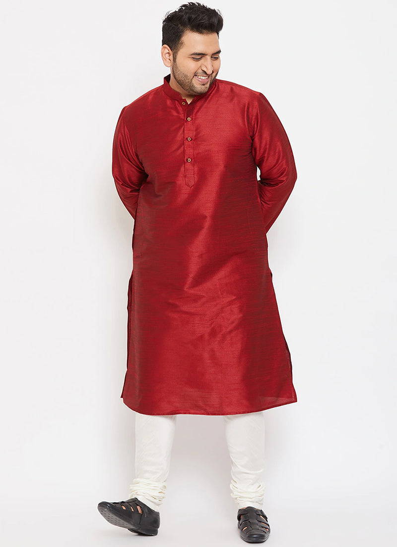 Maroon Dupion Silk Mens Kurta Pyjama Set