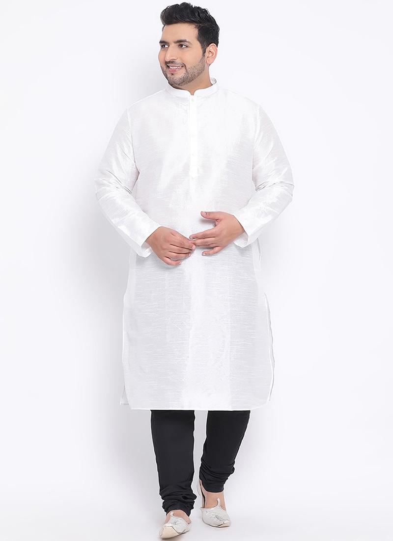 White Dupion Silk Mens Kurta Pyjama Set