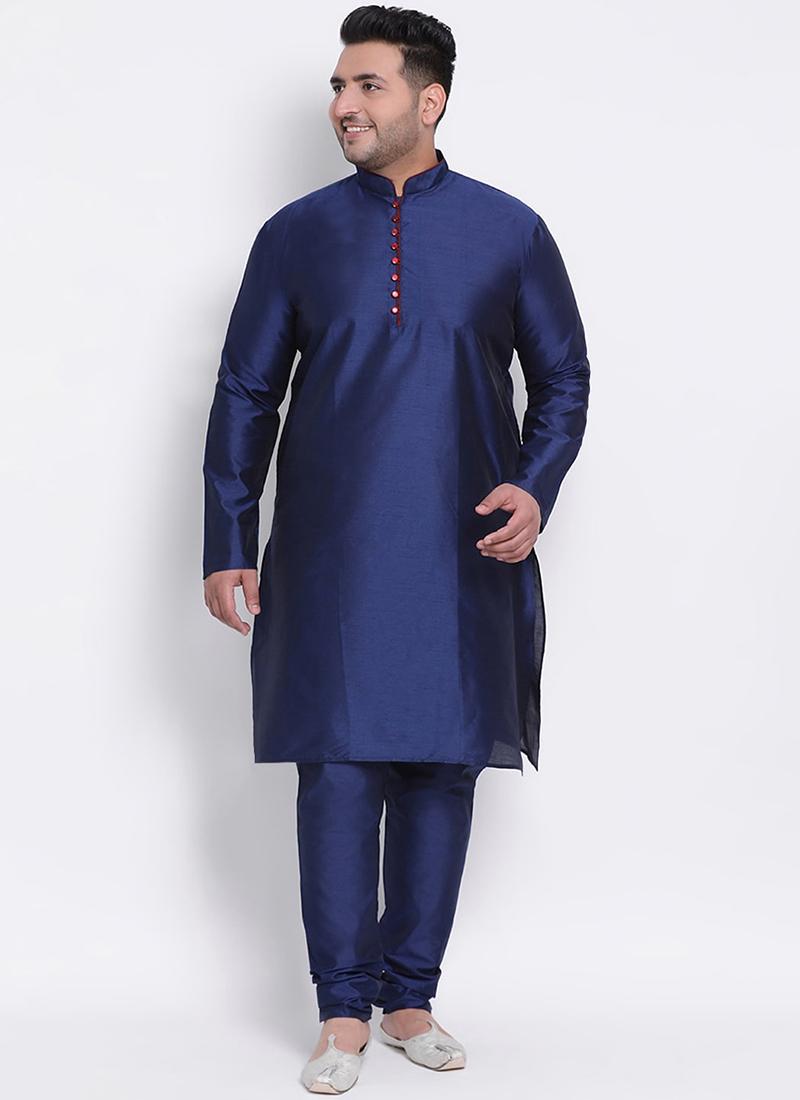Navy Blue Dupion Silk Ready Made Mens Kurta Pyjama Set