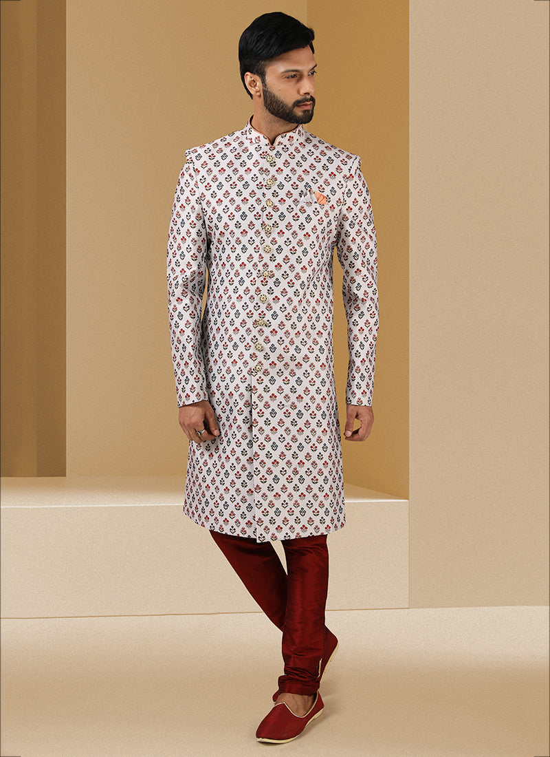 Off White Banarasi Silk Sherwani