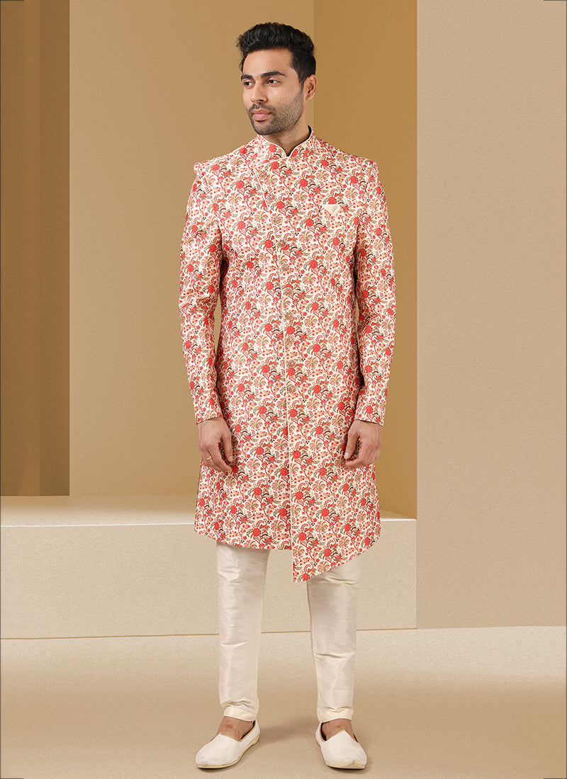 Cream Printed Art Banarasi Sherwani