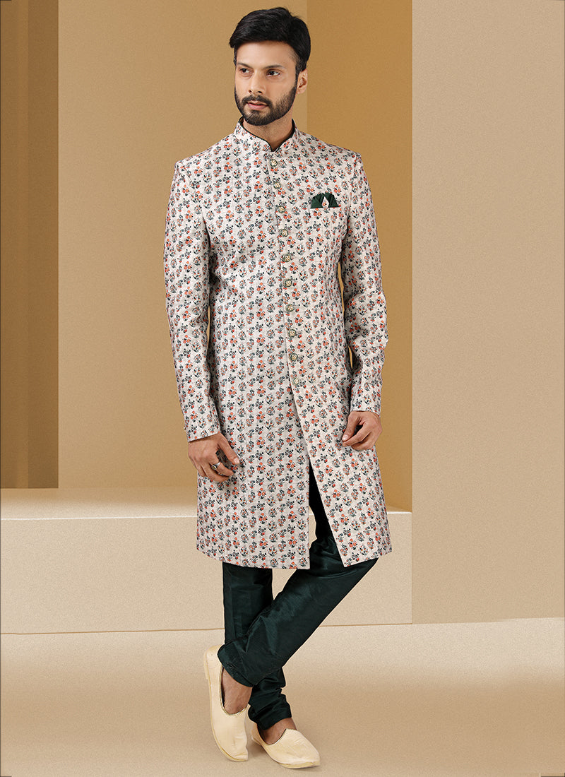Off White Printed Art Banarasi Sherwani