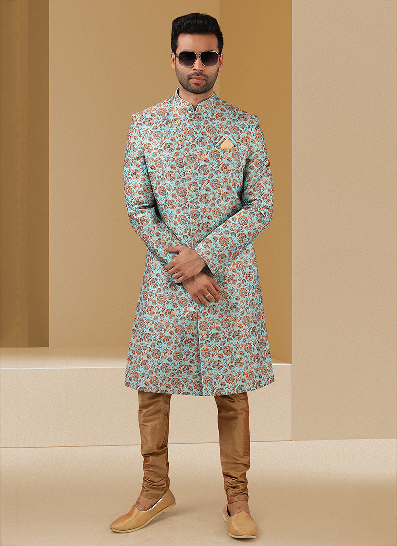 Pista Green Printed Art Banarasi Sherwani