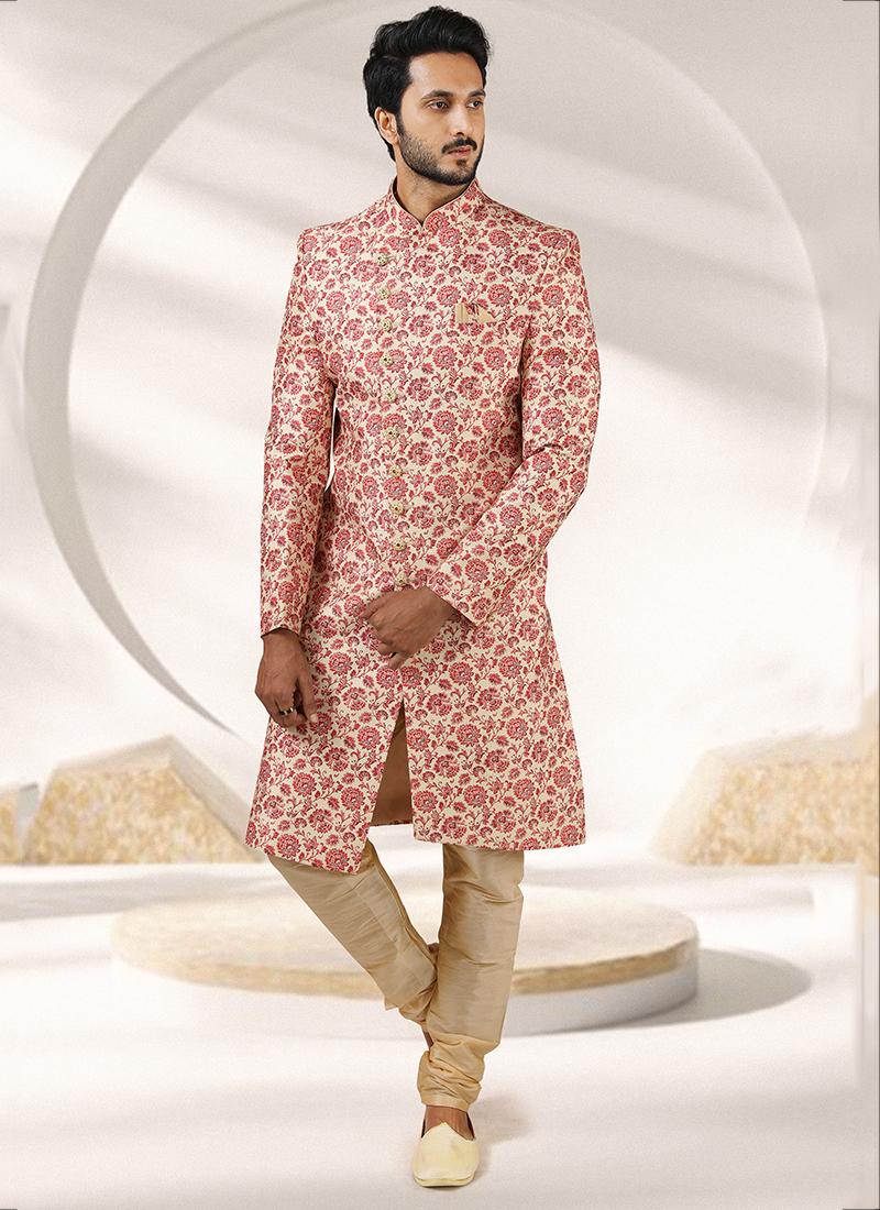 Cream Banarasi Silk Sherwani