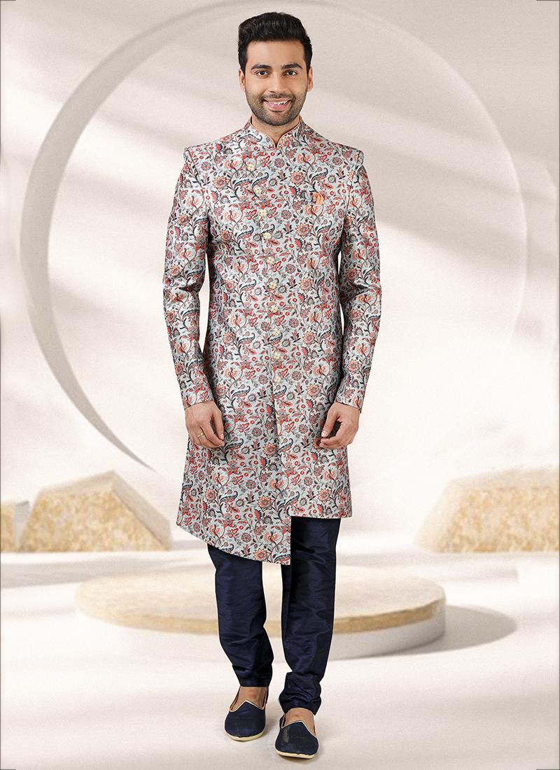 Grey Printed Art Banarasi Sherwani