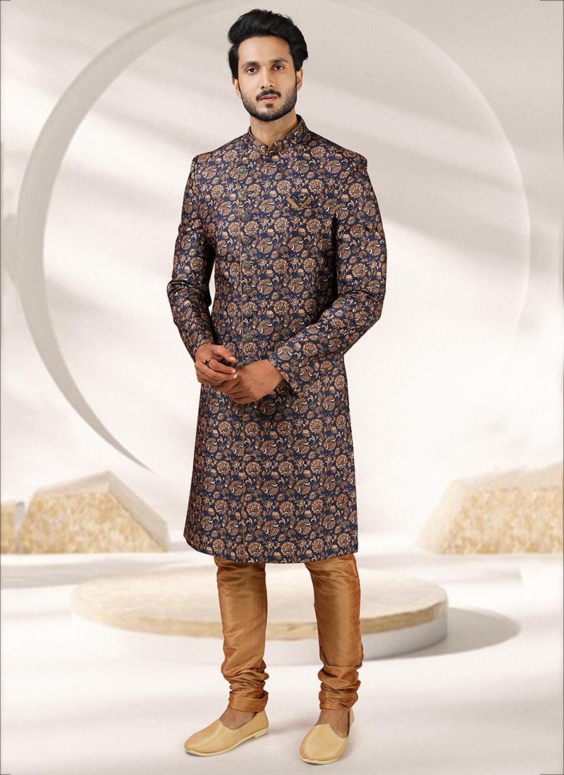 Blue Banarasi Silk Sherwani