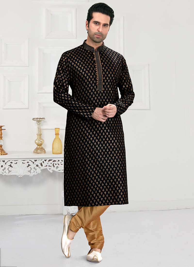 Black Cotton Mens Kurta Pyjama Set