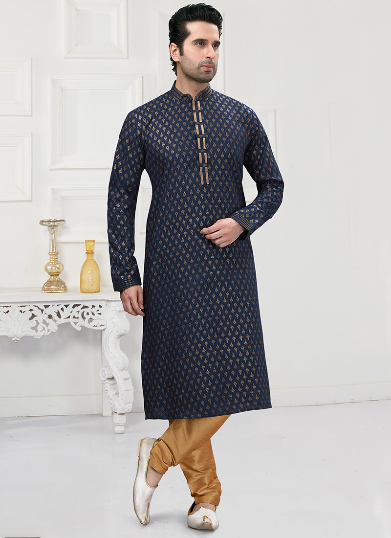 Navy Blue Cotton Mens Kurta Pyjama Set