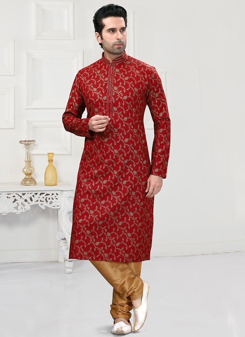 Maroon Cotton Mens Kurta Pyjama Set