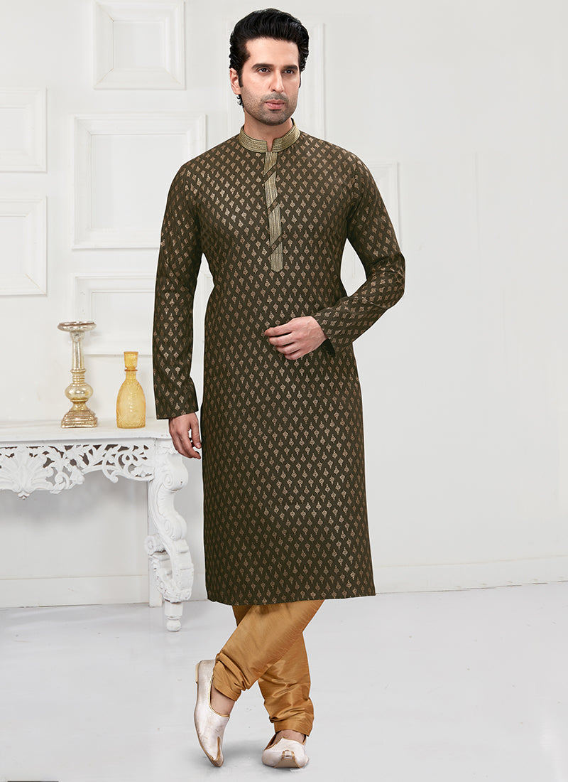 Mehendi Green Cotton Mens Kurta Pyjama Set