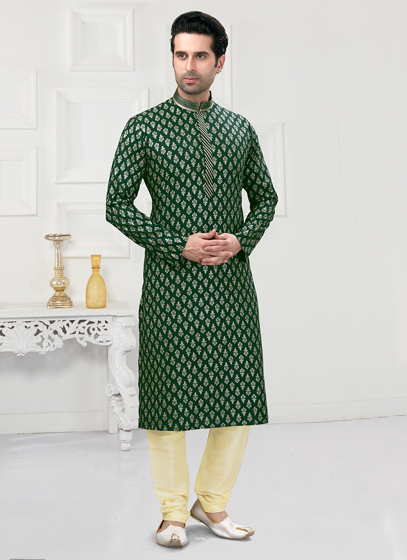 Bottle Green Cotton Mens Kurta Pyjama Set