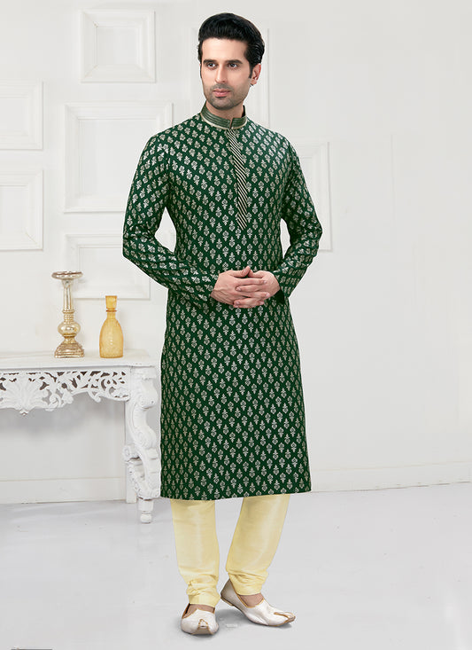 Bottle Green Cotton Mens Kurta Pyjama Set