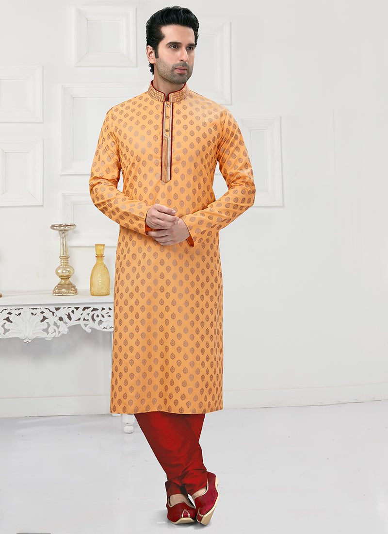 Apricot Cotton Mens Kurta Pyjama Set