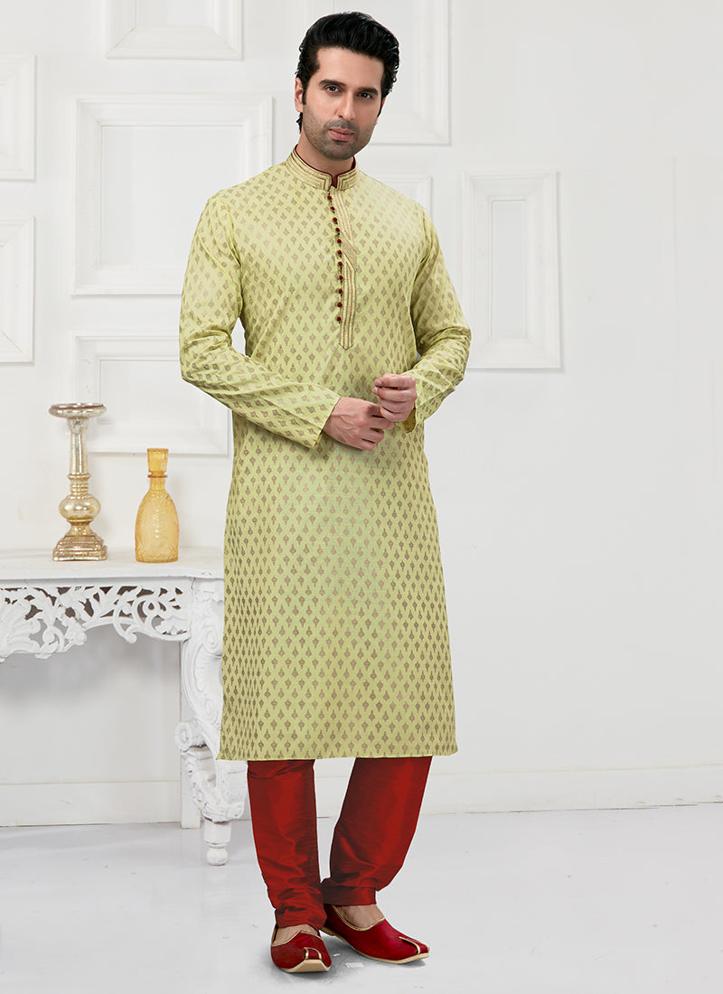Pastel Green Cotton Mens Kurta Pyjama Set