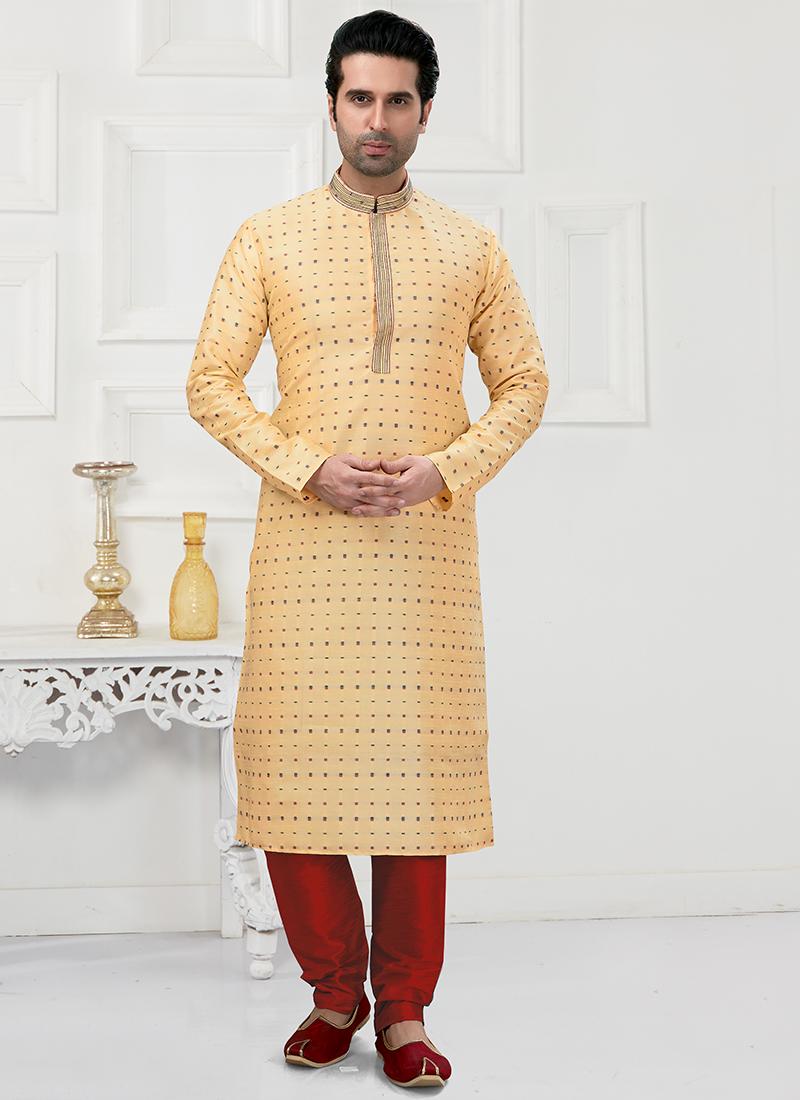 Golden Cotton Mens Kurta Pyjama Set