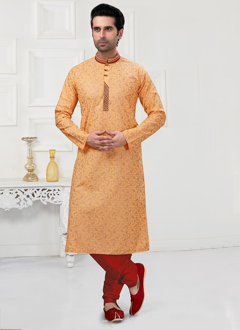 Peach Cotton Mens Kurta Pyjama Set