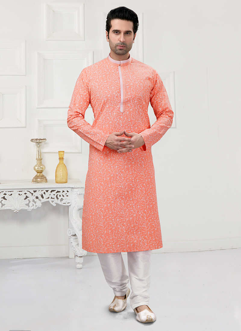 Coral Pink Cotton Mens Kurta Pyjama Set