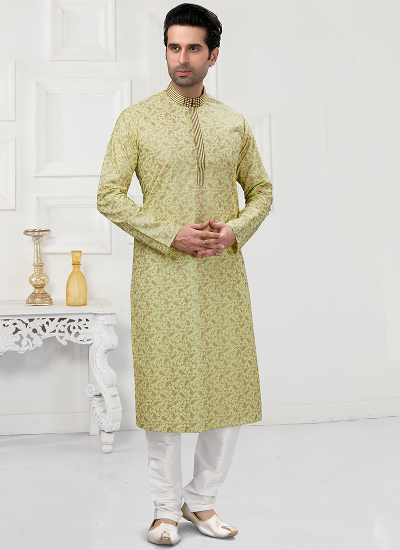 Pastel Green Cotton Mens Kurta Pyjama Set