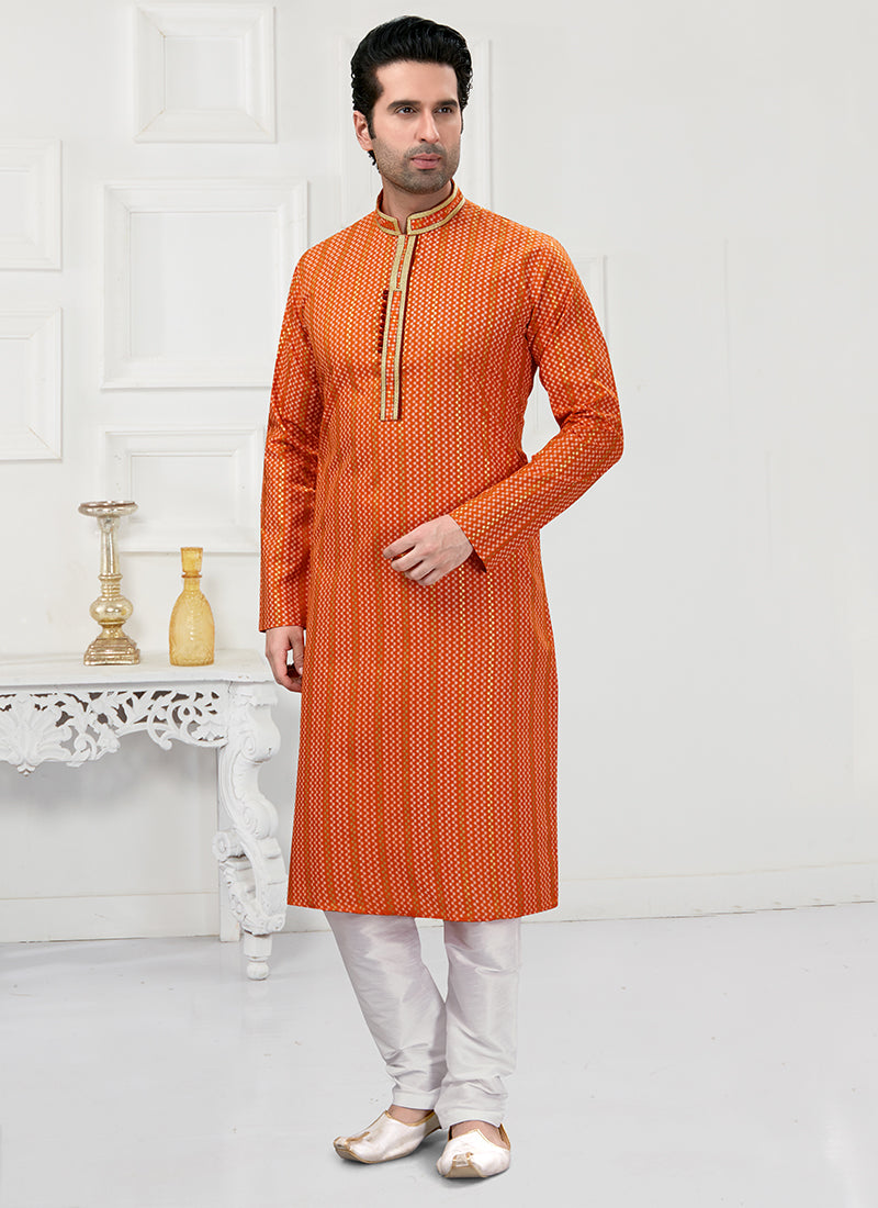 Flame Orange Cotton Mens Kurta Pyjama Set