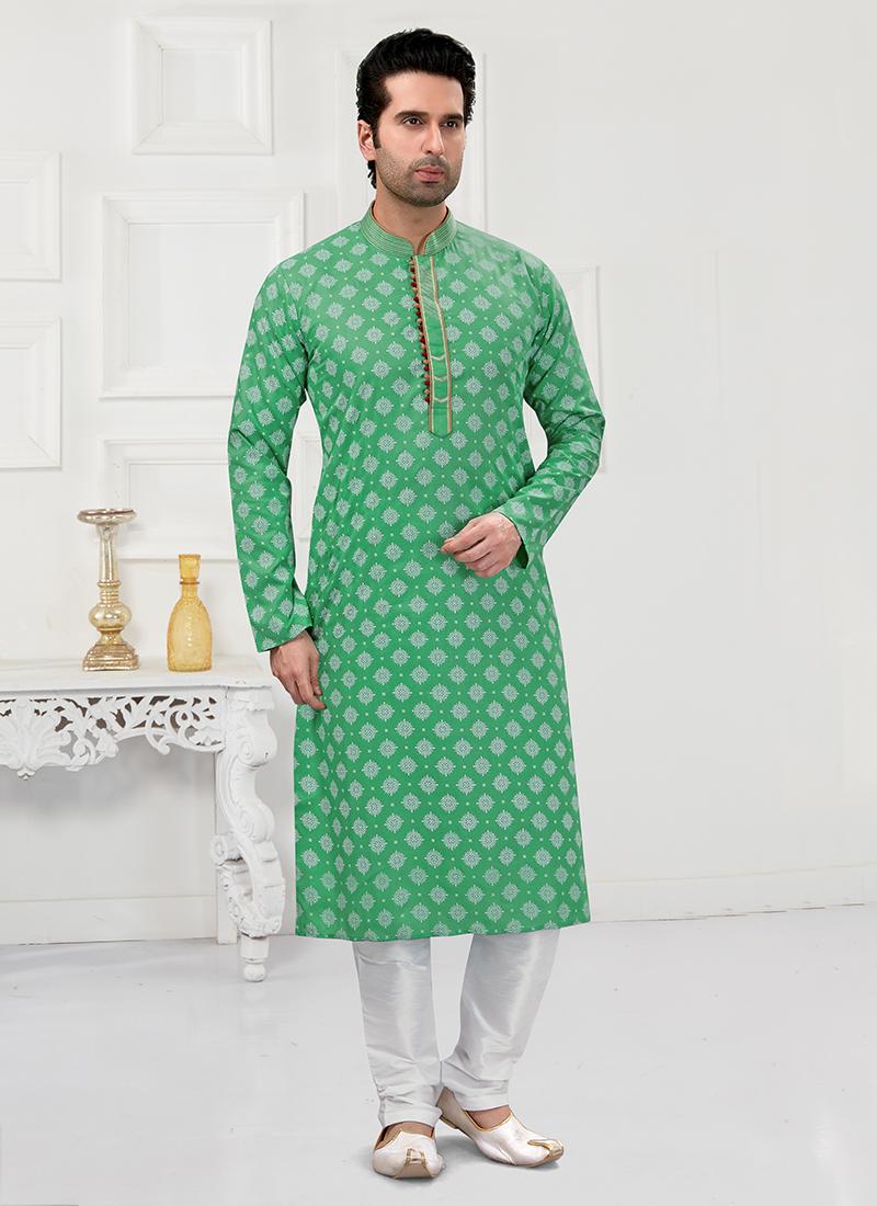 Green Cotton Mens Kurta Pyjama Set