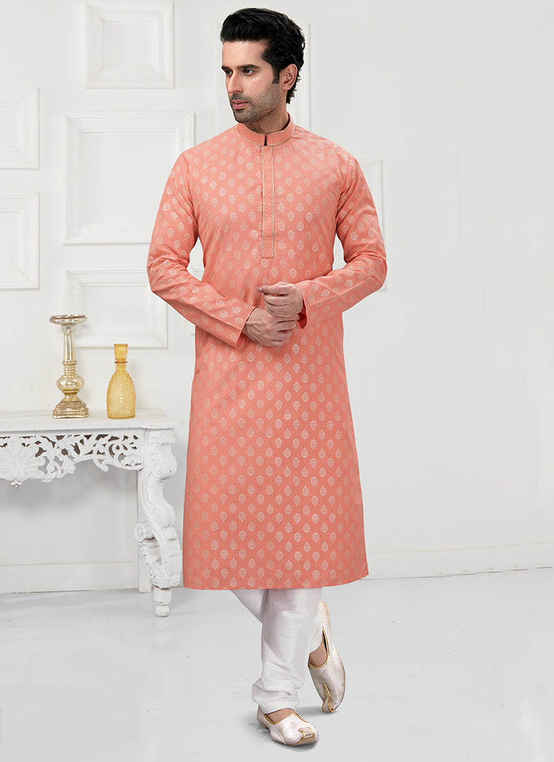Coral Pink Cotton Mens Kurta Pyjama Set