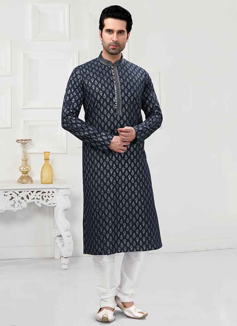 Navy Blue Cotton Mens Kurta Pyjama Set