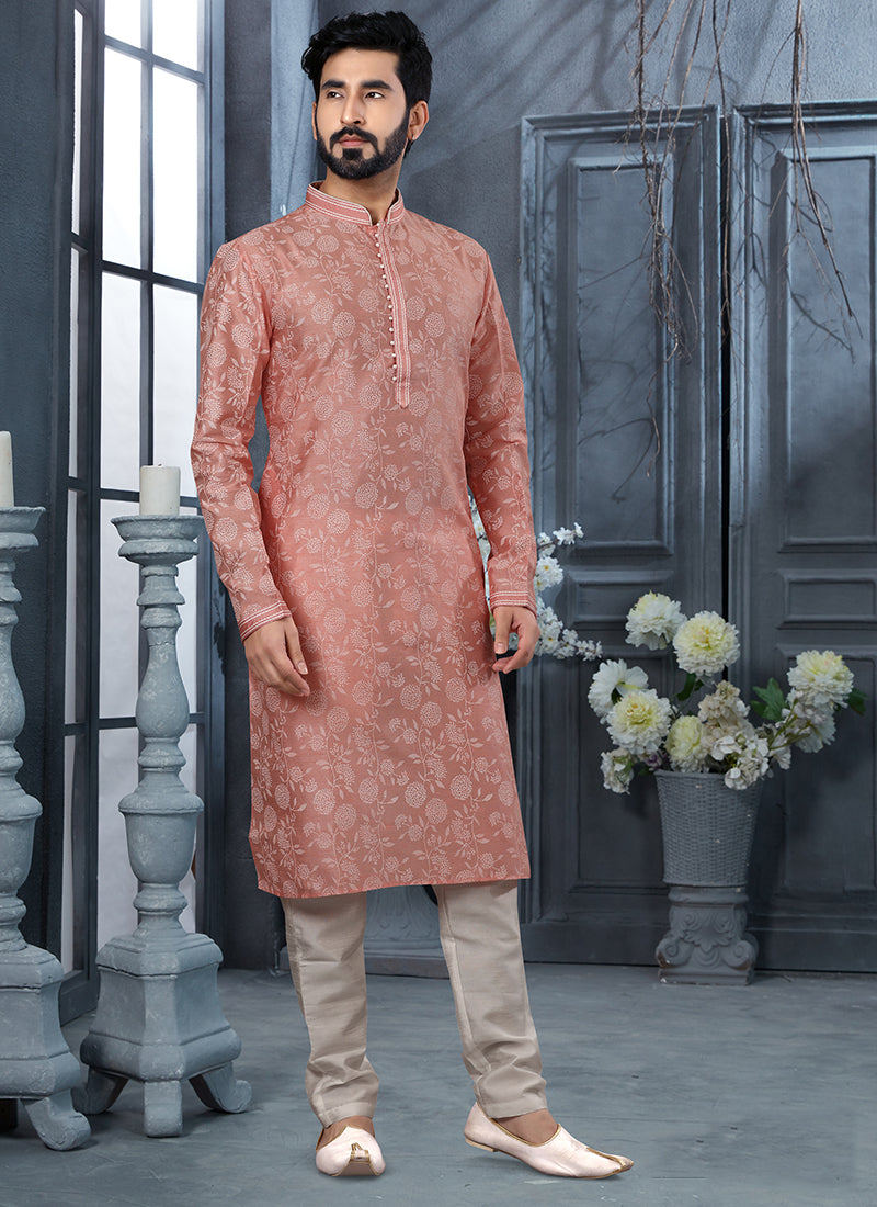 Coral Pink Silk Mens Kurta Pyjama Set