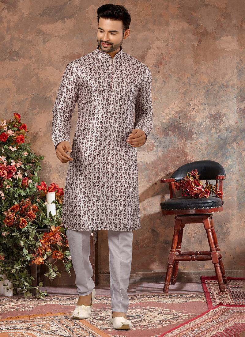 Off White Silk Mens Kurta Pyjama Set