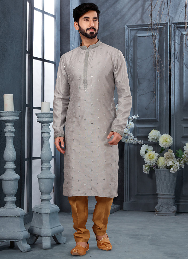 Grey Silk Mens Kurta Pyjama Set