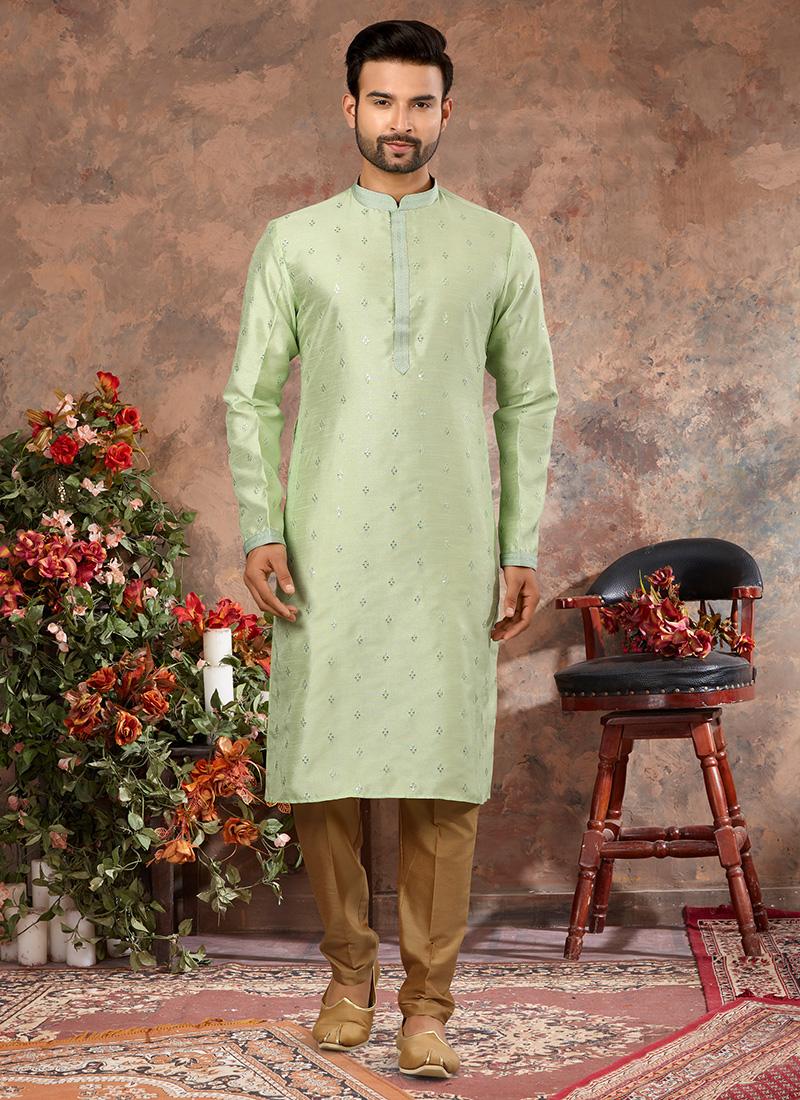 Pista Green Silk Mens Kurta Pyjama Set