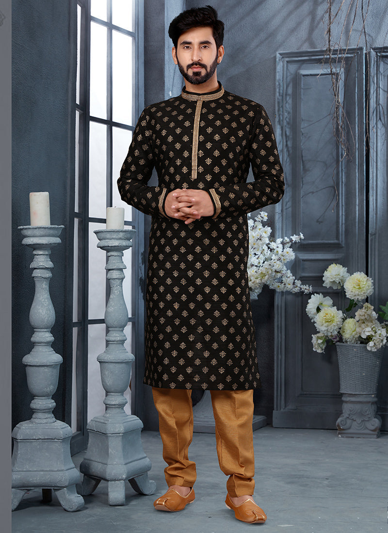 Black Silk Ready Made Mens Kurta Pyjama Set