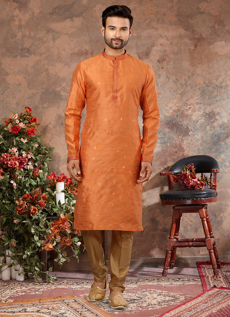 Orange Silk Mens Kurta Pyjama Set