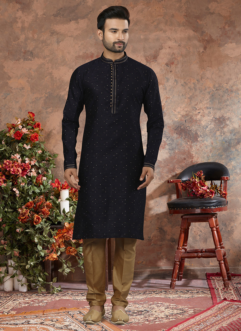 Navy Blue Jacquard Mens Kurta Pyjama Set