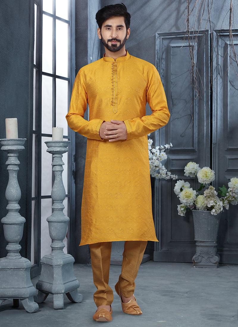 Mustard Yellow Jacquard Mens Kurta Pyjama Set