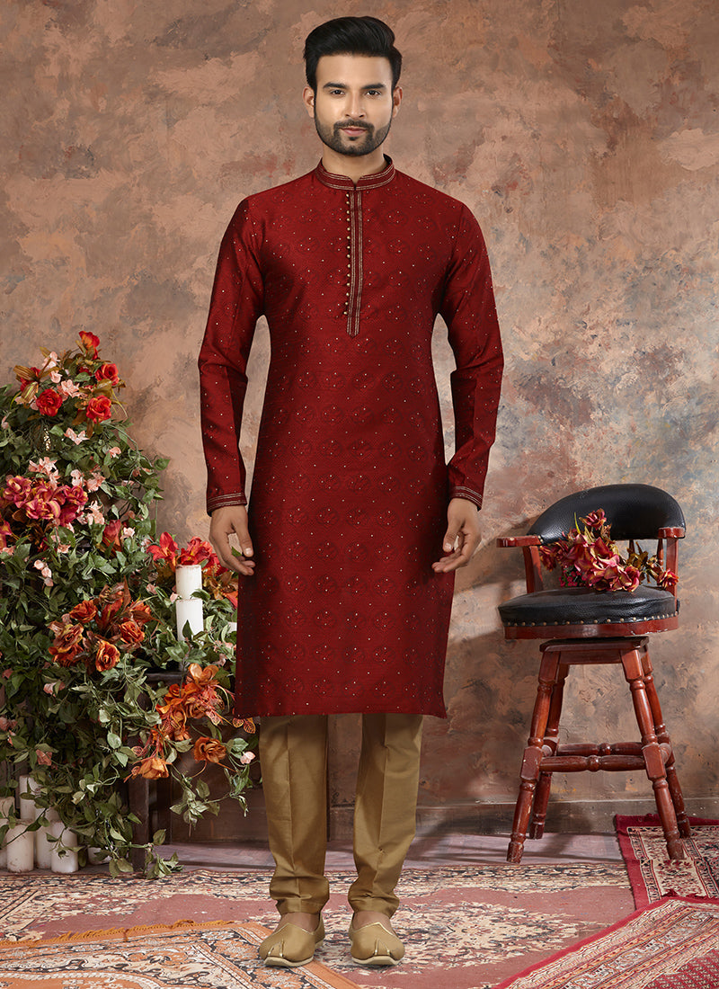 Maroon Jacquard Mens Kurta Pyjama Set