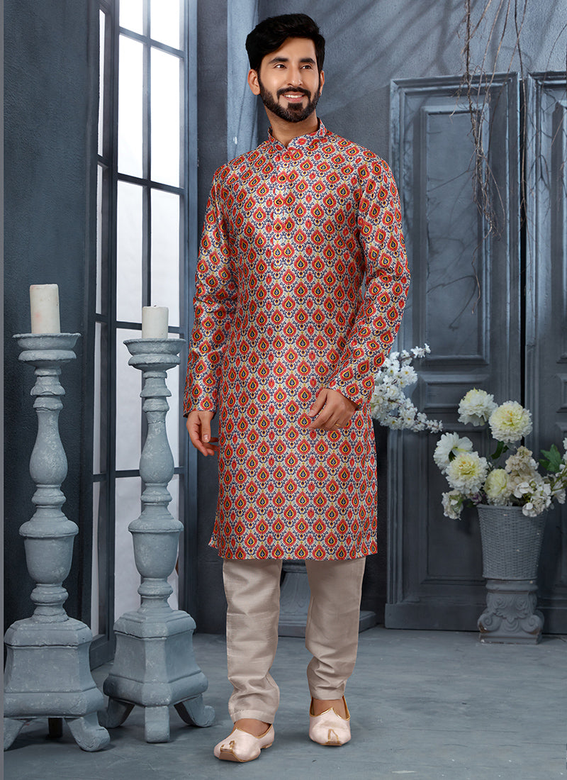 Multicolor Silk Mens Kurta Pyjama Set