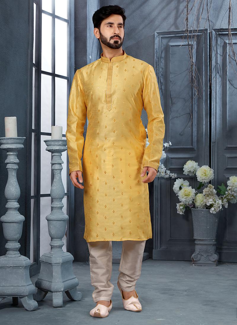 Yellow Silk Mens Kurta Pyjama Set