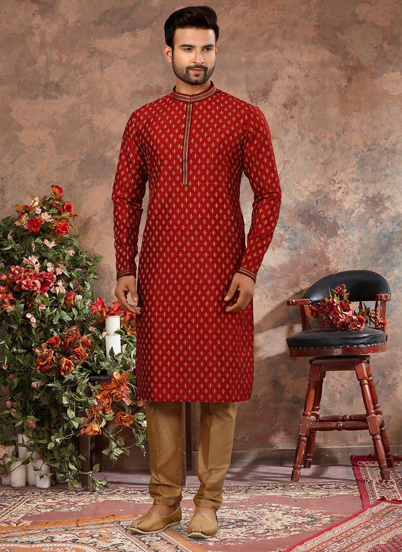 Maroon Silk Mens Kurta Pyjama Set