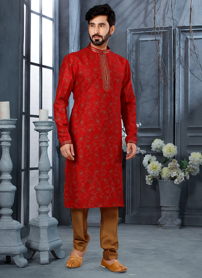 Maroon Silk Mens Kurta Pyjama Set