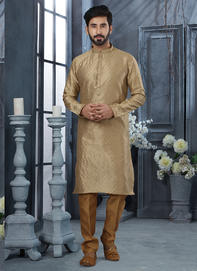 Beige Jacquard Mens Kurta Pyjama Set