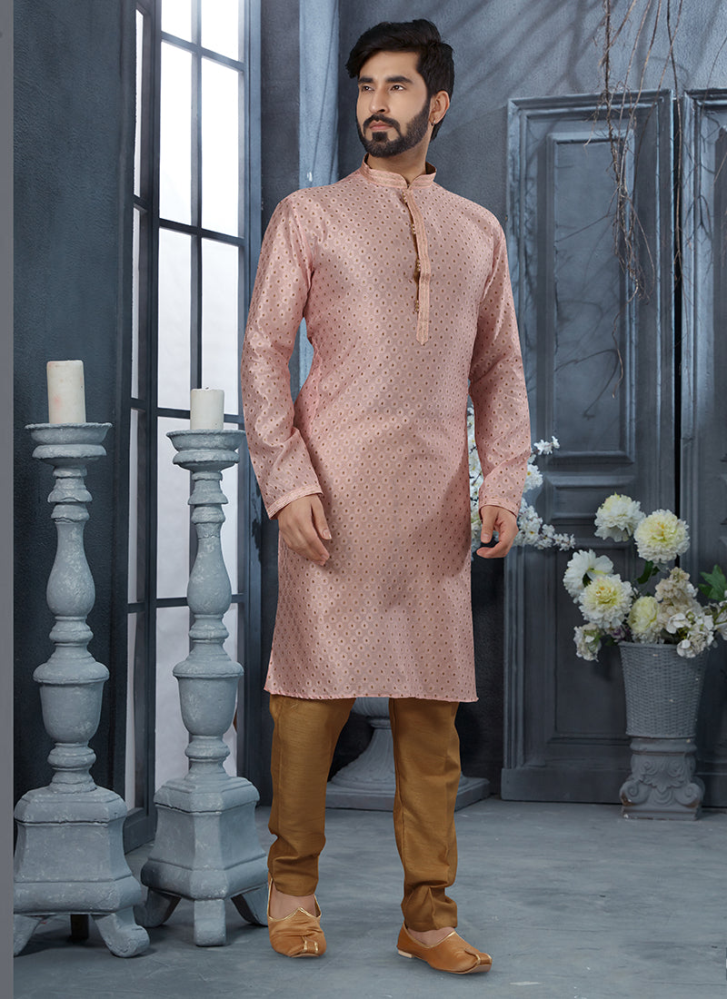 Dusty Pink Jacquard Mens Kurta Pyjama Set