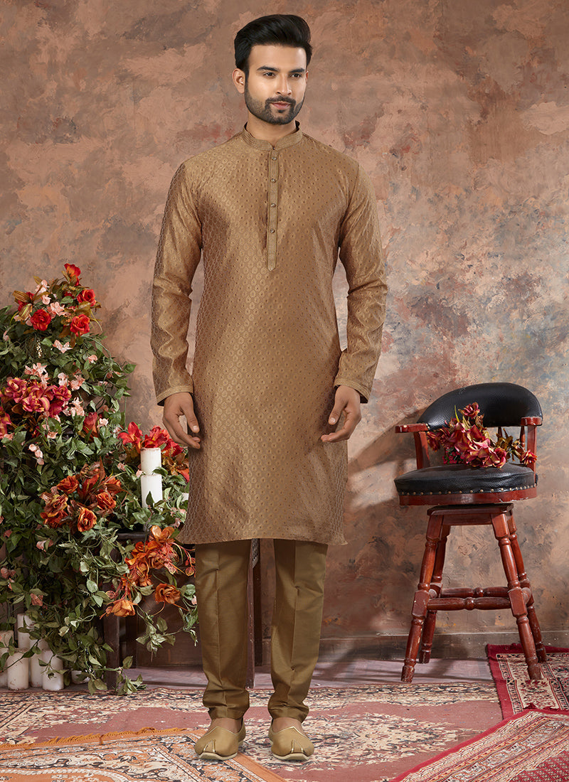 Golden Jacquard Mens Kurta Pyjama Set
