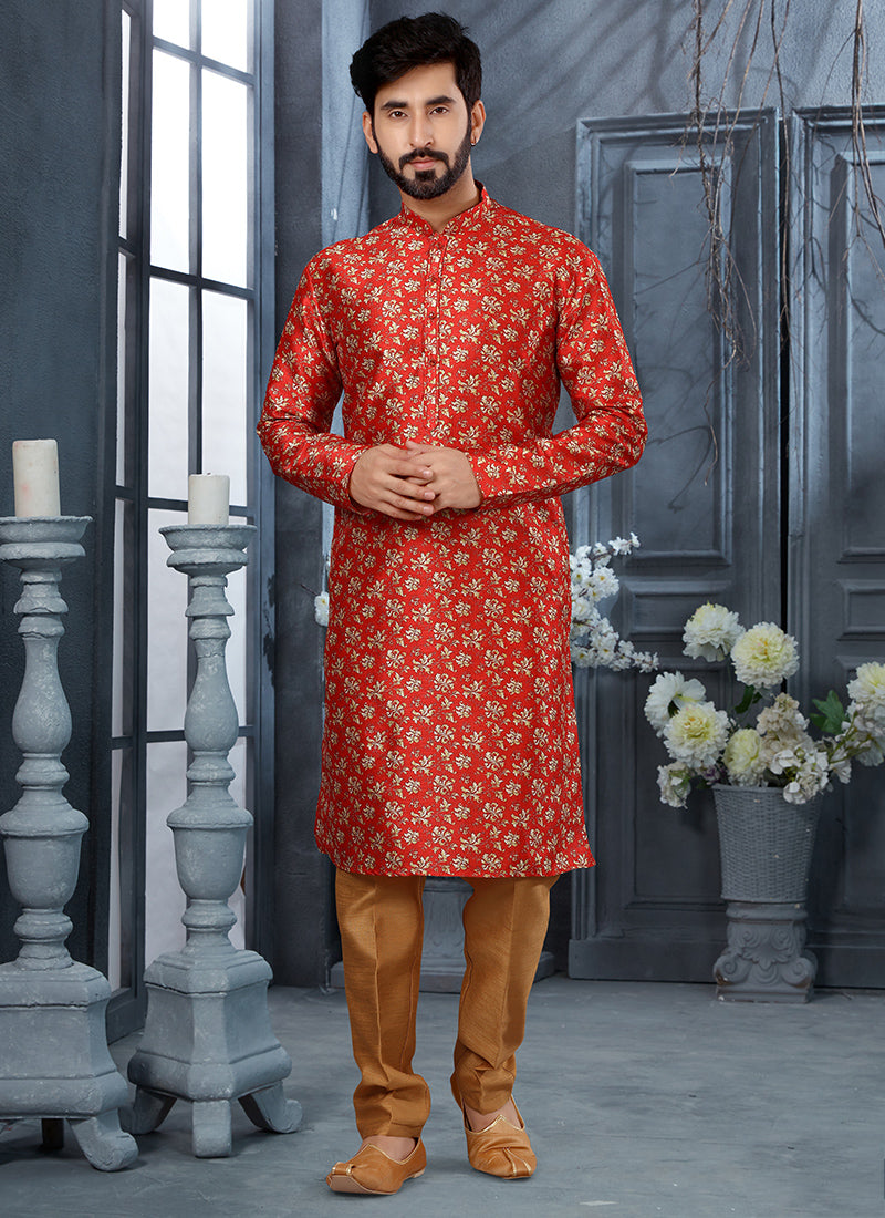 Red Silk Mens Kurta Pyjama Set